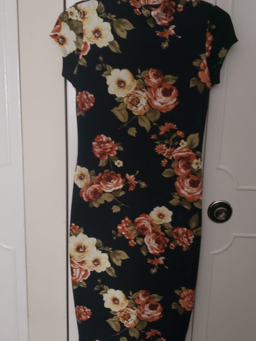 Black Floral Midi Dress with Rust & Cream Roses